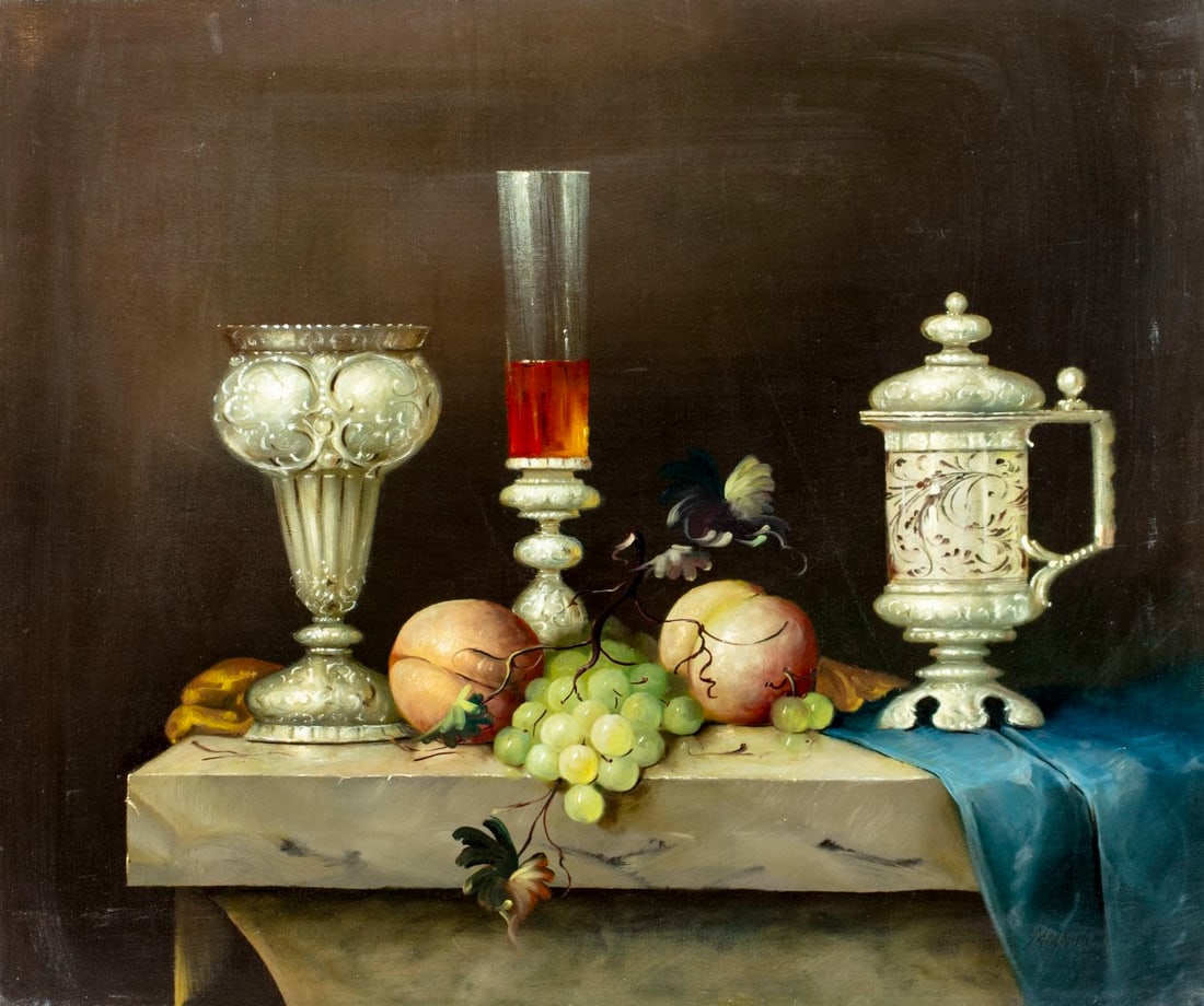 Jozsef Molnar (Hungary,1939-?) oil painting: ARTIST: Jozsef Molnar (Hungarian, 1939 - ???) TITLE: Still Life with Vases and Fruit MEDIUM: oil on canvas CONDITION: Few small faint scratches. No visible inpaint under U