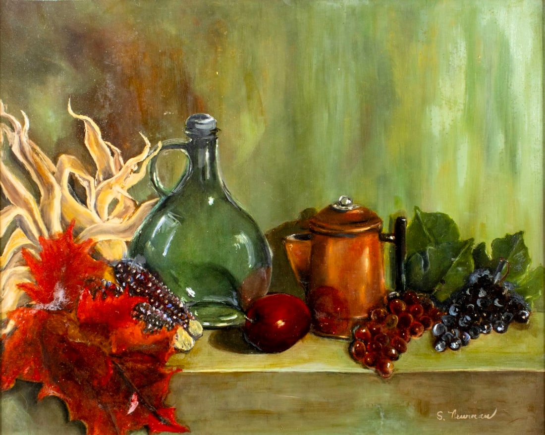 S Newman (US,20C) oil painting: ARTIST: S Newman (American, 20 century) TITLE: Still Life with Copper Kettle, Jug and Fruit MEDIUM: oil on board CONDITION: Few minor scratches/paint losses. No visible inpa