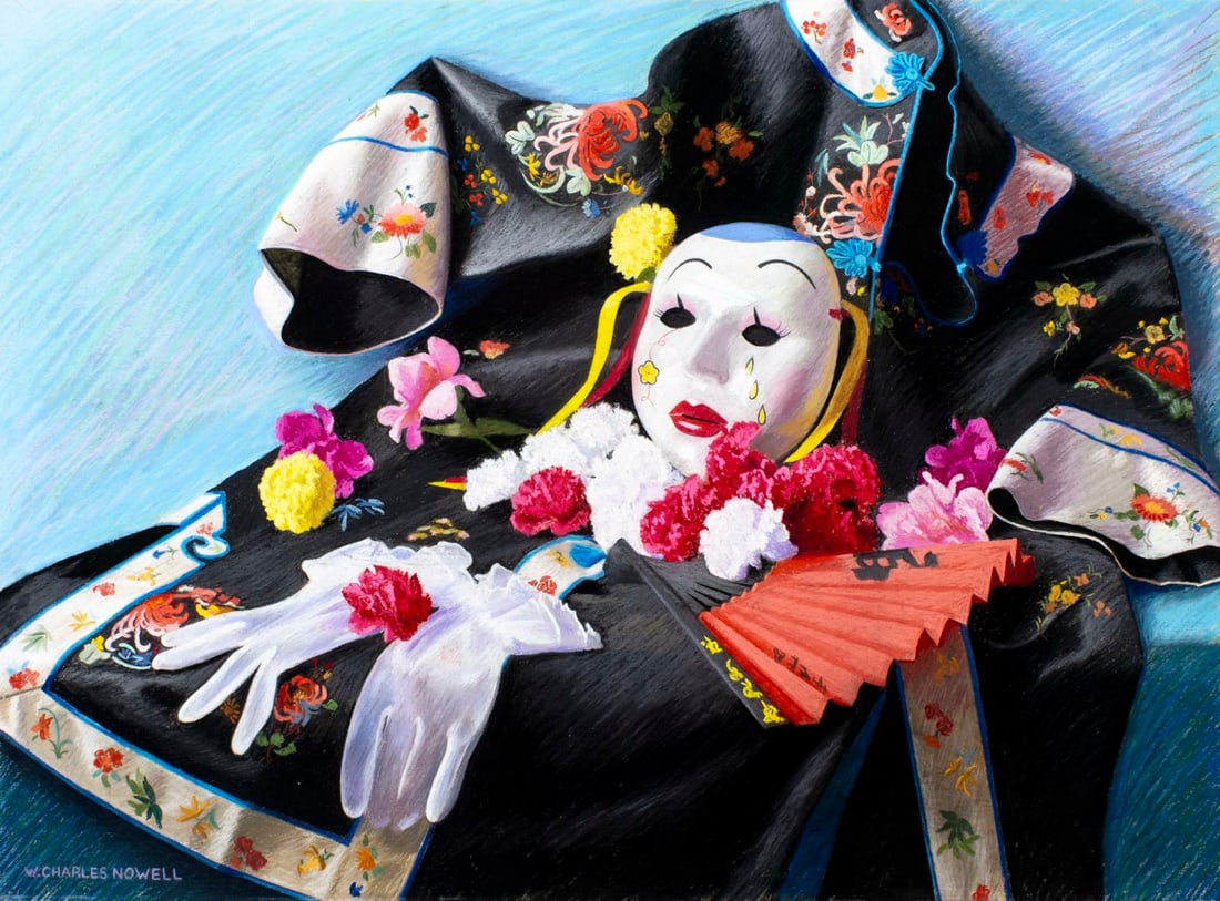 W Charles Nowell (ME,b 1966) pastel painting: ARTIST: W Charles Nowell (Maine, born 1966) TITLE: Still Life with Kimono and Mask (titled on label) MEDIUM: pastel on board CONDITION: Some small scratches/paint losses. No