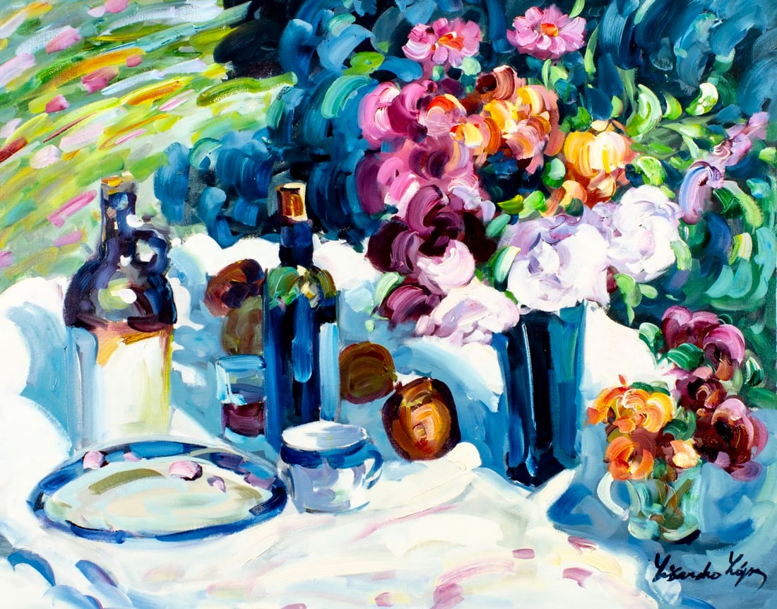 Lisandro Baylon (Argentina,US,1951-?) oil painting: ARTIST: Lisandro Lopez Baylon (Argentinian, American, 1951 - ???) TITLE: Still Life with Vase of Flowers and Bottles MEDIUM: oil on canvas CONDITION: Unstretched (In-House