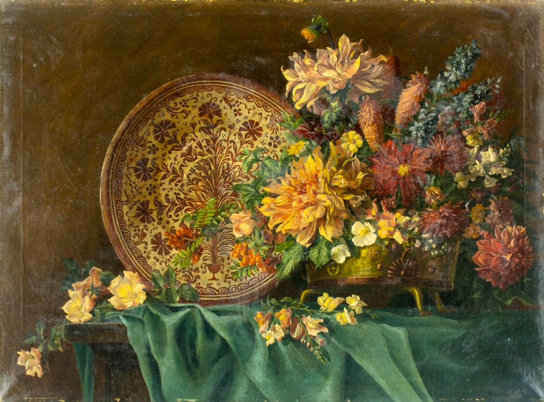 Francis Jones (US,early 20C) oil painting antique: ARTIST: Francis Jones (American, early 20 century) TITLE: Still Life with Flowers and Plate MEDIUM: oil on canvas CONDITION: Some scratches/paint losses mostly in the upper