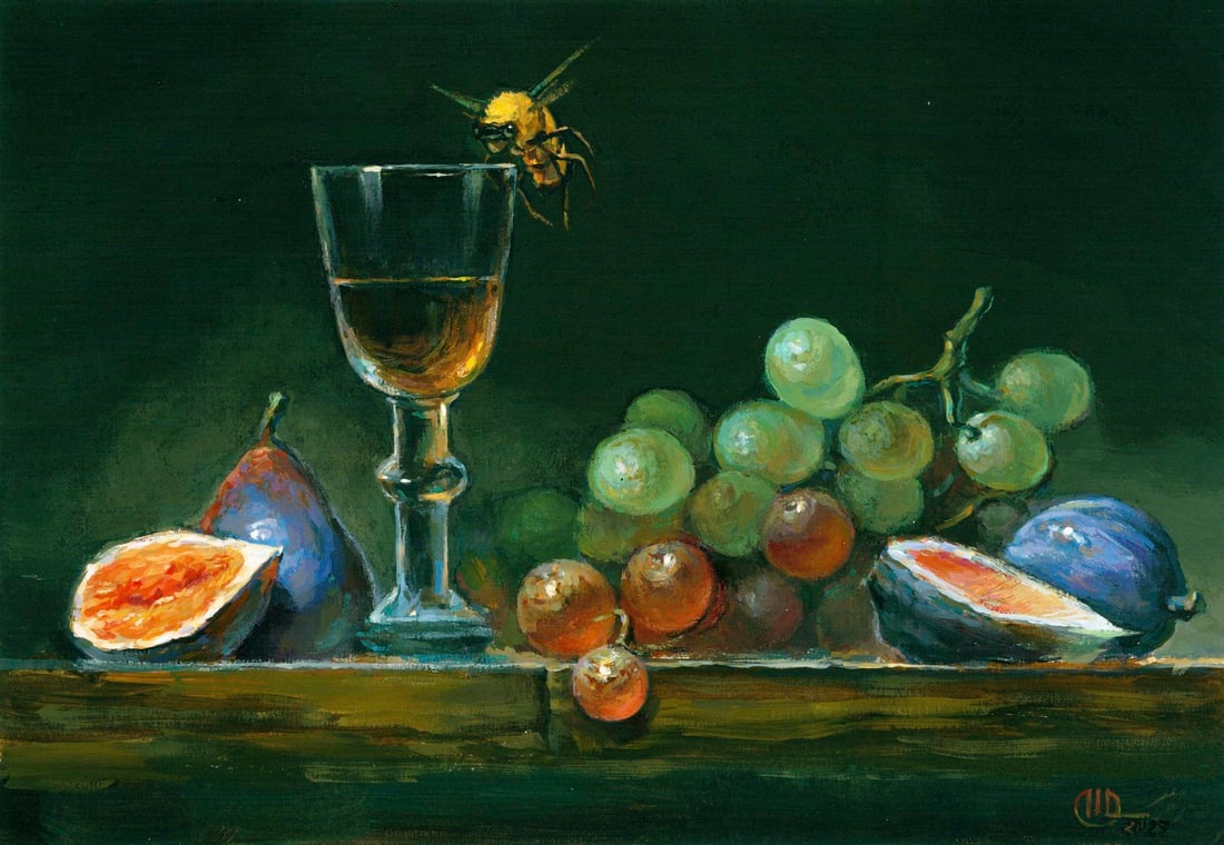 Olena Horbenko (Ukraine,20/21C) acrylic painting: ARTIST: Olena Horbenko (Ukrainian, 20/21 centuries) TITLE: Still Life with Fruits MEDIUM: acrylic on heavy paper CONDITION: Very good. ART SIZE: 9 x 13 i