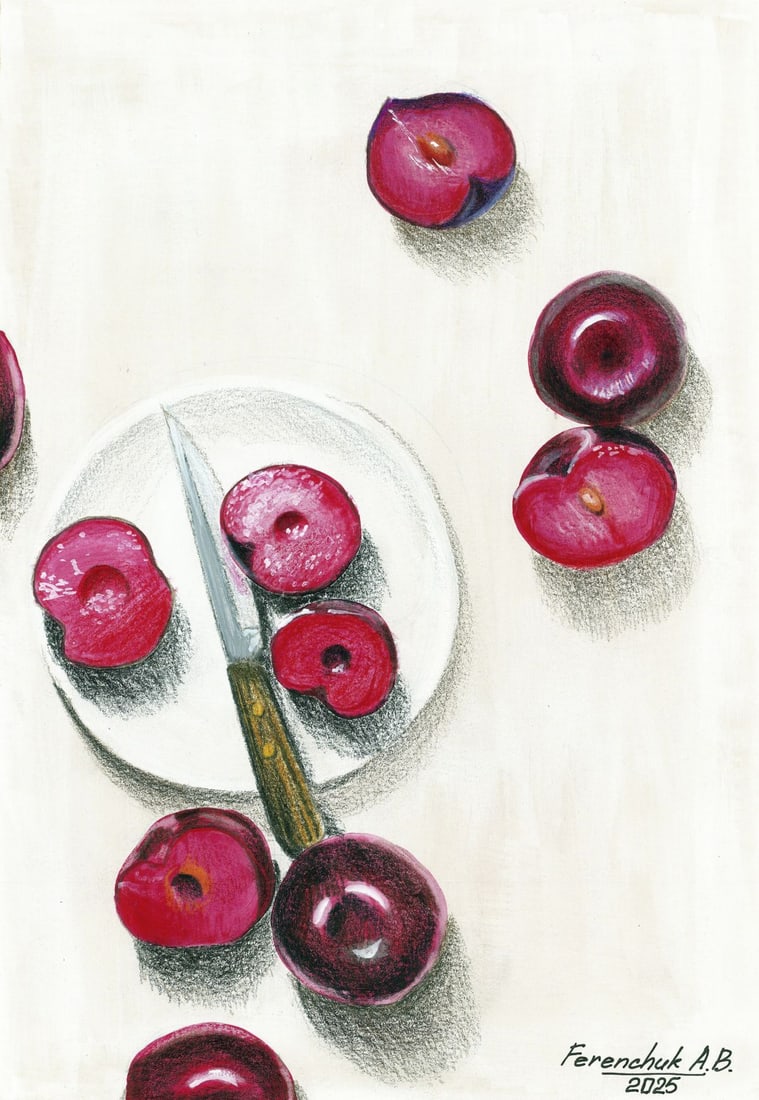 Anastasia Ferenchuk (Ukraine,20/21C) gouache painting: ARTIST: Anastasia Ferenchuk (Ukrainian, 20/21 centuries) TITLE: Still Life with Cherries MEDIUM: gouache on heavy paper CONDITION: Very good. ART SIZE: 1