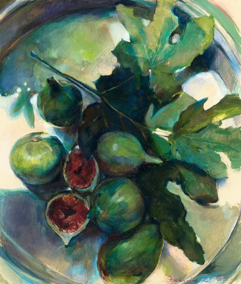 Zoya Grechanyuk (Ukraine,b 1977) mixed media painting: ARTIST: Zoya Grechanyuk (Ukrainian, born 1977) TITLE: Still Life with Figs MEDIUM: mixed media on heavy paper CONDITION: Very good. ART SIZE: 14 x 12 inc