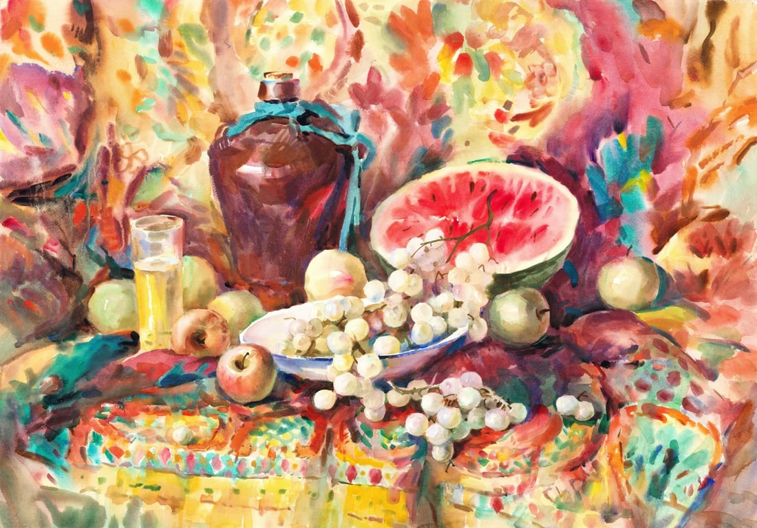 Guo (China,20C) watercolor painting: ARTIST: Guo (Chinese, 20 century) TITLE: Still Life with Fruit and Jug MEDIUM: watercolor on heavy paper CONDITION: Some pinholes. ART SIZE: 28 x 39 inch