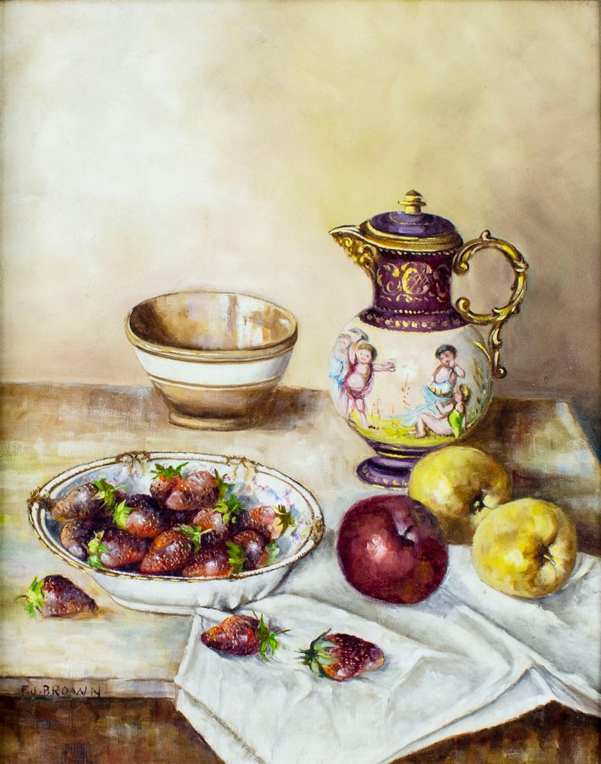 F J Brown (US,20C) oil painting: ARTIST: F J Brown (American, 20 century) TITLE: Still Life with Apples and Strawberries MEDIUM: oil on canvas CONDITION: Very good. No visible inpaint under UV light. Some s