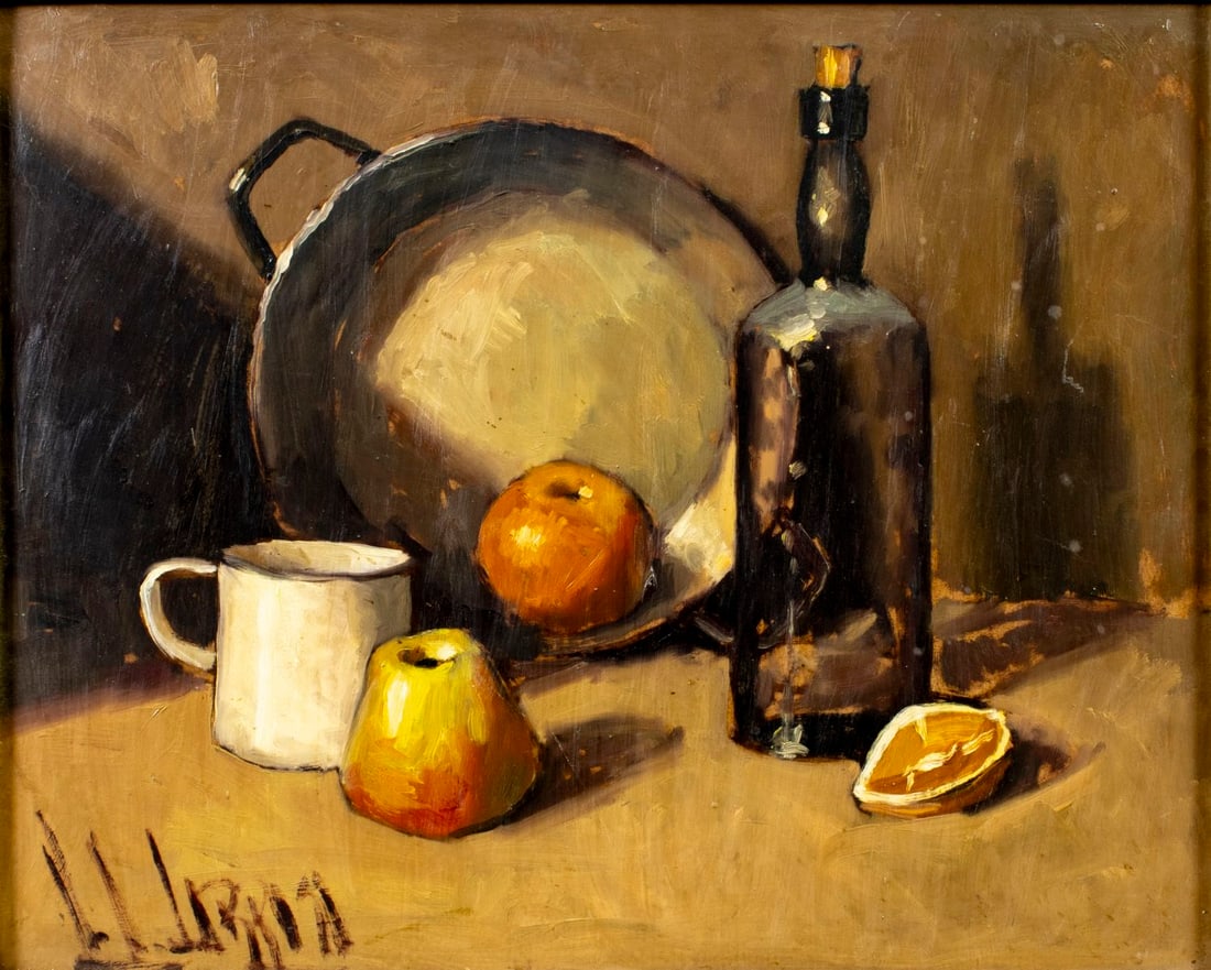 Vintage mid 20C European oil painting signed: ARTIST: - (Europe, mid 20 century) TITLE: Still Life with Fruit, Mug and Bottle MEDIUM: oil on board CONDITION: Few minor scratches/paint losses. No visible inpaint under