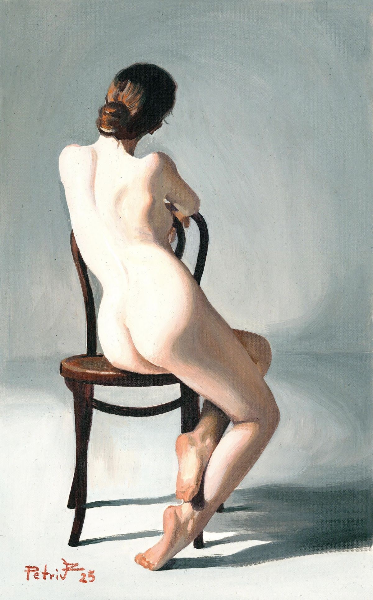 Zoriana Petriv (Ukraine,b 1994) oil painting: ARTIST: Zoriana Petriv (Ukrainian, born 1994) TITLE: Nude - Girl on a Gray Background (titled on verso) MEDIUM: oil on heavy paper CONDITION: Very good. No visible inpaint u