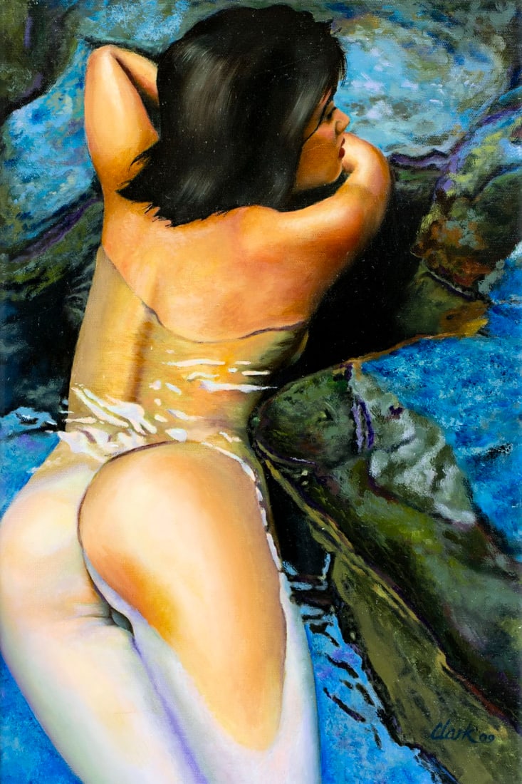 David Clark (US,20/21C) oil painting: ARTIST: David Clark (American, 20/21 centuries) TITLE: Nude - The Private Moment YEAR: 2009 MEDIUM: oil on canvas CONDITION: Very good. No visible inpain