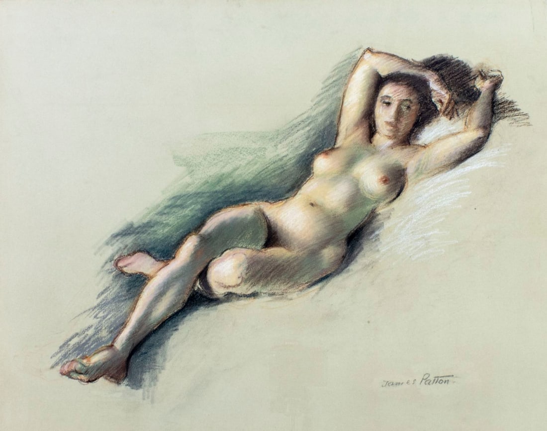 James Patton (US,20C) pastel painting: ARTIST: James Patton (American, 20 century) TITLE: Reclining Nude MEDIUM: pastel on paper CONDITION: Very good. Framed under glass. ART SIZE: 20 x 26 inc