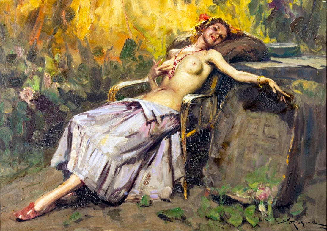 Durando Togo Richard (Argentina,1910-?) oil painting: ARTIST: Durando Togo Richard (Argentinean, 1910 - ???) TITLE: Reclining Nude MEDIUM: oil on canvas CONDITION: Few small paint losses. Some craquelure. No visible inpaint