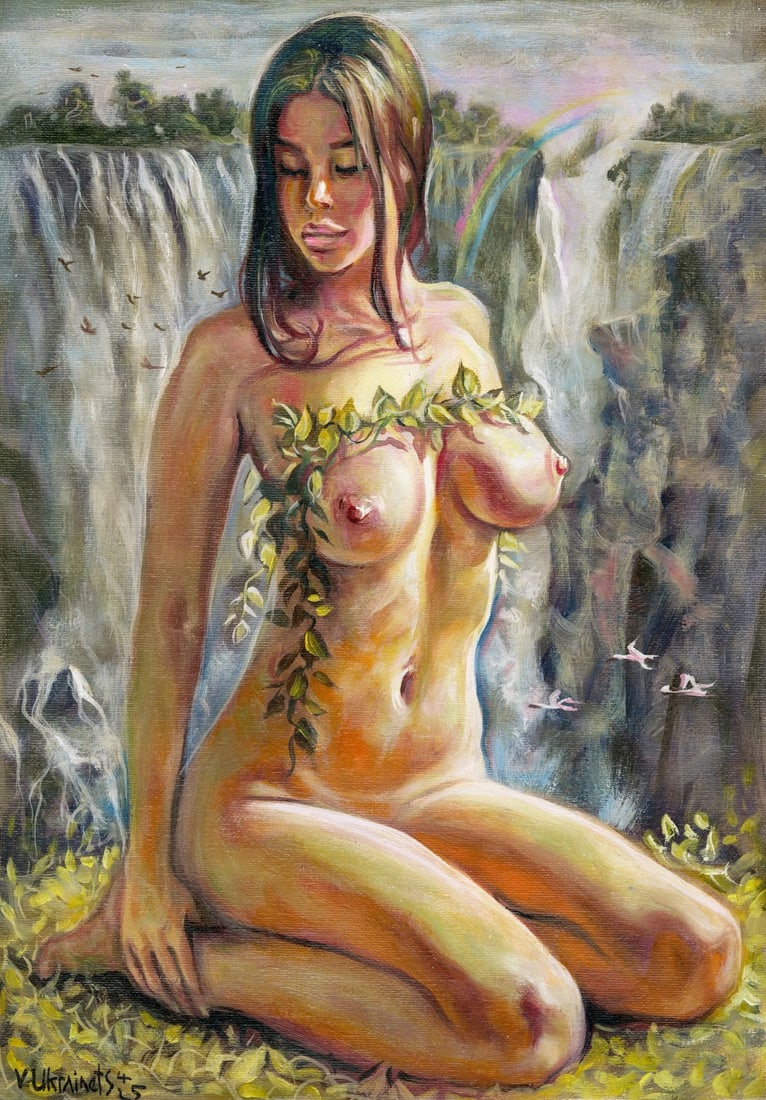 Valentin Ukrainets (Ukraine,b 1965) oil painting: ARTIST: Valentin Ukrainets (Ukrainian, born 1965) TITLE: Nude - Eva in Paradise (titled on verso) MEDIUM: oil on canvas CONDITION: Unstretched (In-House stretching available