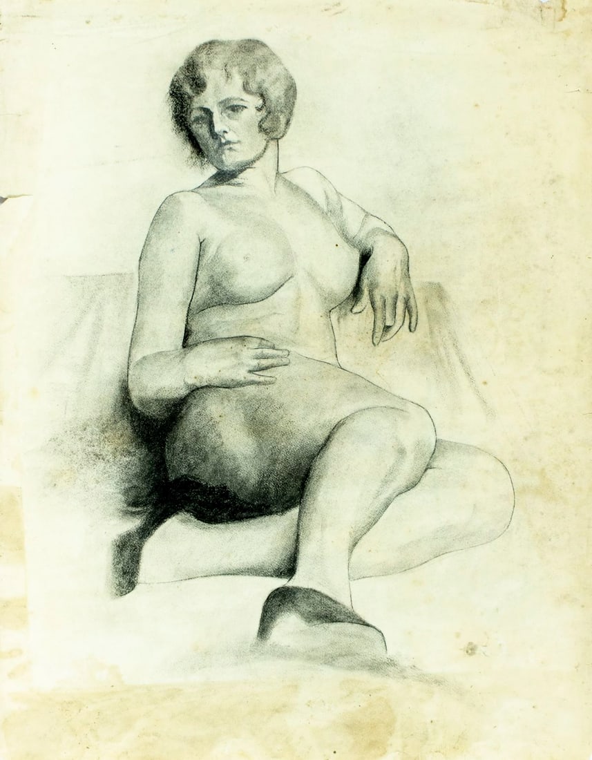 Antique early 20C American graphite painting: ARTIST: - (American, early 20 century) TITLE: Reclining Nude MEDIUM: graphite on paper CONDITION: Some damages to edges. Some nail holes mostly along edges. Soma staining.