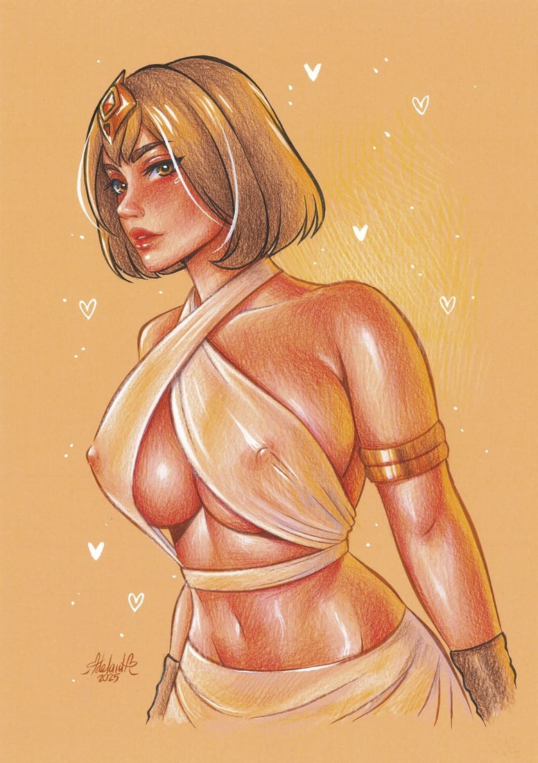 Alina Shovkova (Ukraine,20/21C) colored pencil painting: ARTIST: Alina Shovkova (Ukrainian, 20/21 centuries) TITLE: Anime Girl Semi Nude MEDIUM: colored pencil on paper CONDITION: Very good. ART SIZE: 12 x 8 in