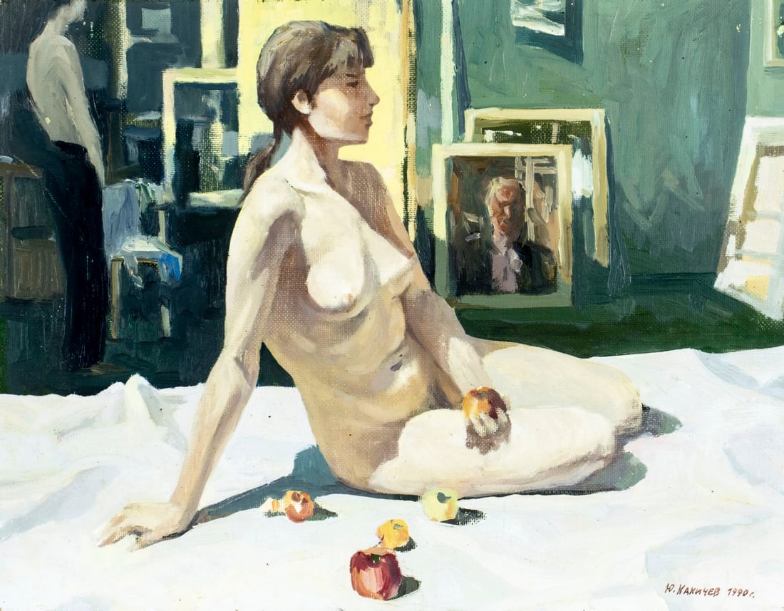 Yury Kakichev (Russia,b 1960) oil painting: ARTIST: Yury Georgievich Kakichev (Russian, born 1960) TITLE: Posing Nude YEAR: 1990 MEDIUM: oil on canvas. Canvas applied to board. CONDITION: Some scra