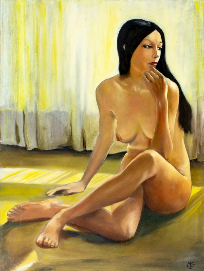 Marc Olivier Gregoire (France,1897-1991) oil painting: ARTIST: Marc Olivier Gregoire (French, 1897 - 1991) TITLE: Seated Nude MEDIUM: oil on board CONDITION: Few small scratches/paint losses. No visible inpaint under UV light.