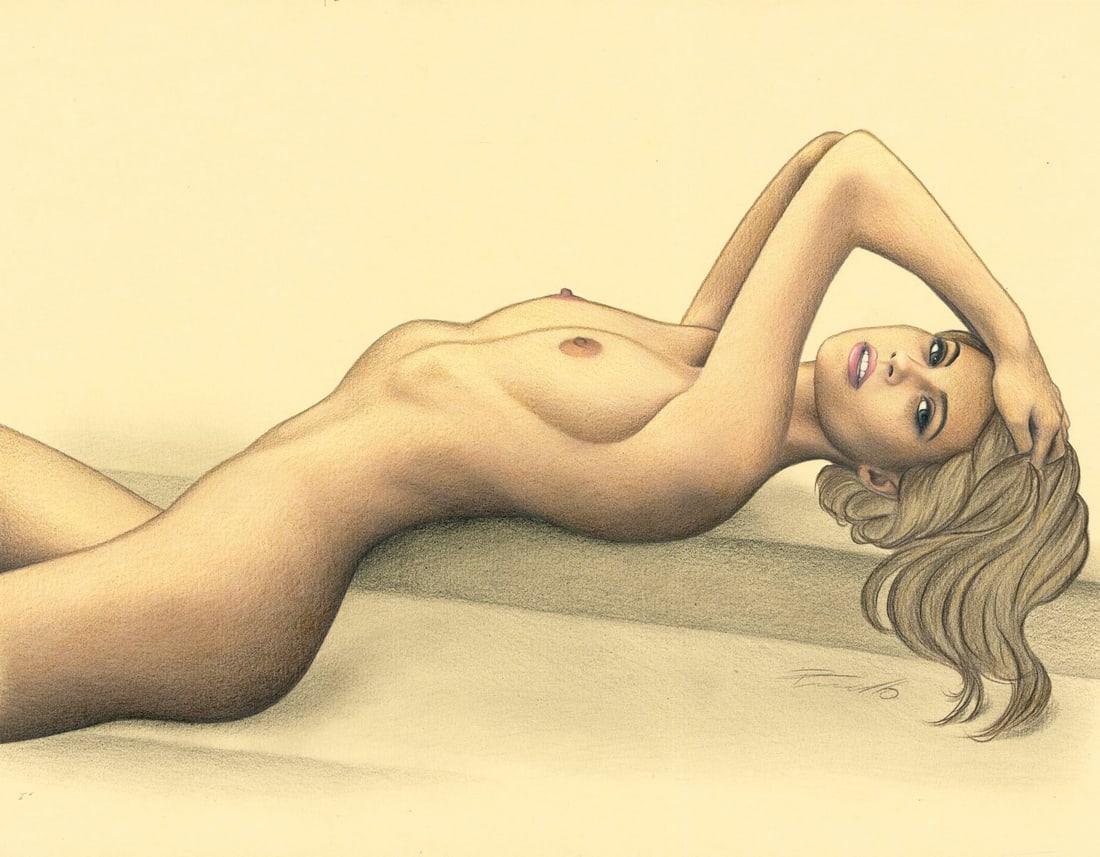 Rene Prudlo (German,b 1974) colored pencil painting: ARTIST: Rene Prudlo (Germany, born 1974) TITLE: Reclining Nude MEDIUM: colored pencil on heavy paper CONDITION: Very good. ART SIZE: 8 x 12 inches / 20 x