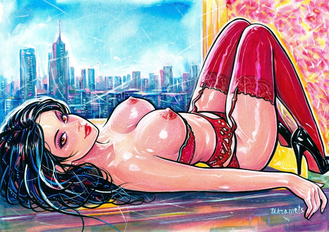 Alex Ukrainets (Ukraine,b 2001) mixed media painting: ARTIST: Alex Ukrainets (Ukrainian, born 2001) TITLE: Nude - Held by Light (titled on verso) MEDIUM: mixed media on heavy paper CONDITION: Very good. ART SIZE: