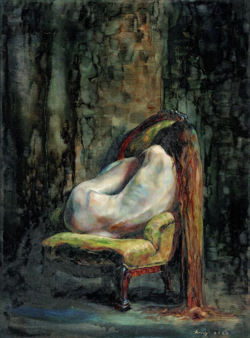 Vitalii Paroviy (Ukraine,b 1986) oil painting: ARTIST: Vitalii Paroviy (Ukrainian, born 1986) TITLE: Nude on Chair MEDIUM: oil on heavy paper CONDITION: Very good. No visible inpaint under UV light. ART SIZE:<