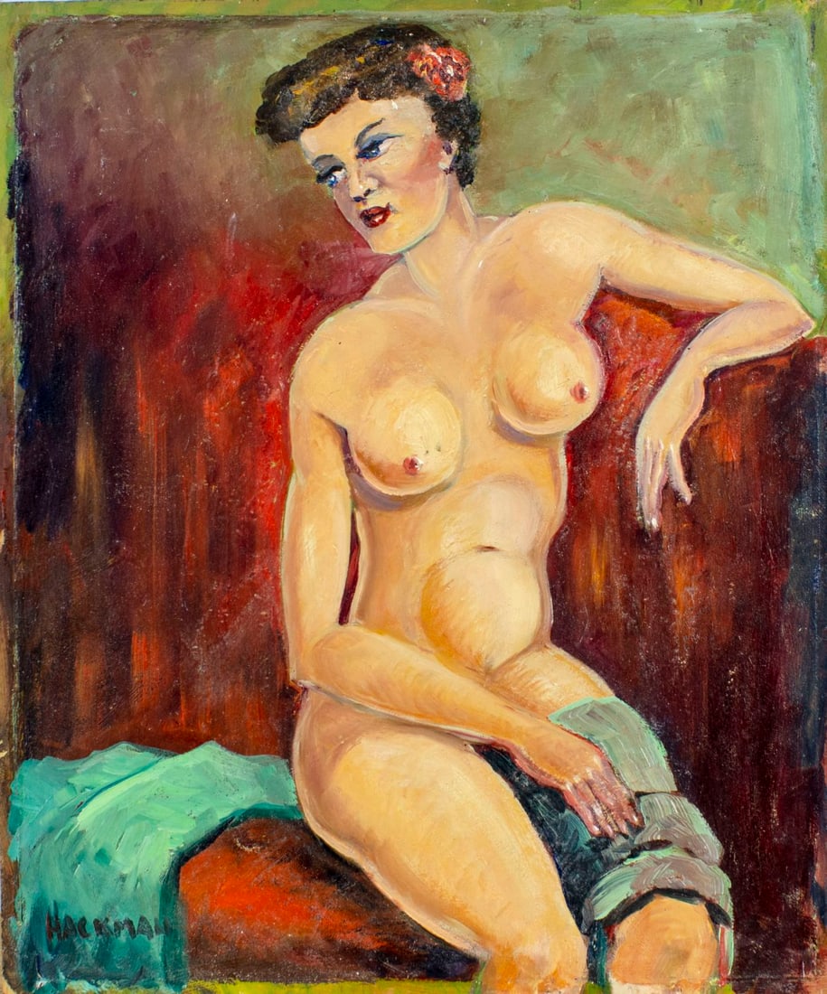 Floyd Hackman (PA,20C) oil painting: ARTIST: Floyd Hackman (Pennsylvania, 20 century) TITLE: Seated Nude MEDIUM: oil on board CONDITION: Few minor paint losses. Very minor craquelure. No visible inpaint under U