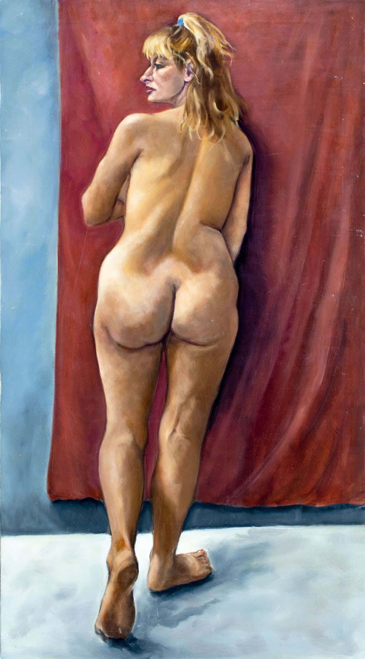 Penny Purpura (US,20C) oil painting: ARTIST: Penny Purpura (American, 20 century) TITLE: Nude MEDIUM: oil on canvas CONDITION: Minor scratches/paint losses mostly along edges. Very minor craquelure. No visible