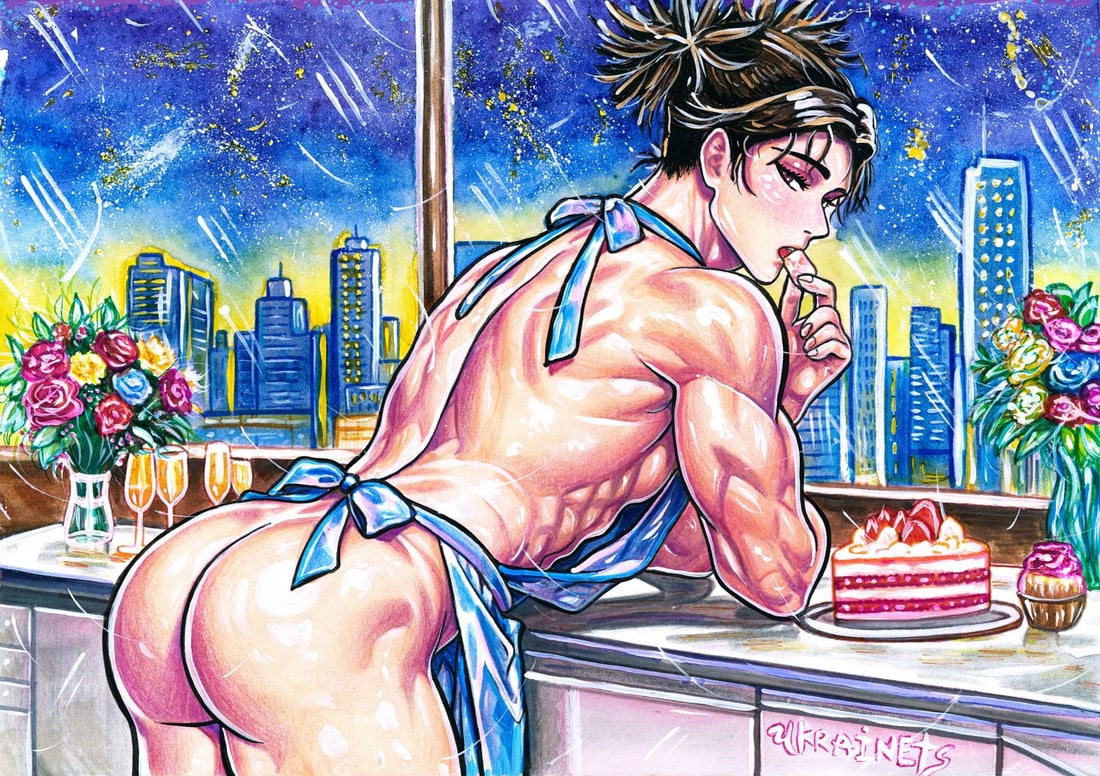 Alex Ukrainets (Ukraine,b 2001) mixed media painting: ARTIST: Alex Ukrainets (Ukrainian, born 2001) TITLE: Male Nude - Invitation (titled on verso) MEDIUM: mixed media on heavy paper CONDITION: Very good. ART SIZE:</