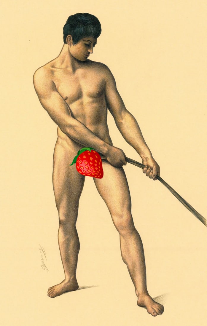 Rene Prudlo (German,b 1974) colored pencil painting: ARTIST: Rene Prudlo (Germany, born 1974) TITLE: Male Nude MEDIUM: colored pencil on heavy paper CONDITION: Very good. ART SIZE: 12 x 8 inches / 30 x 20 c