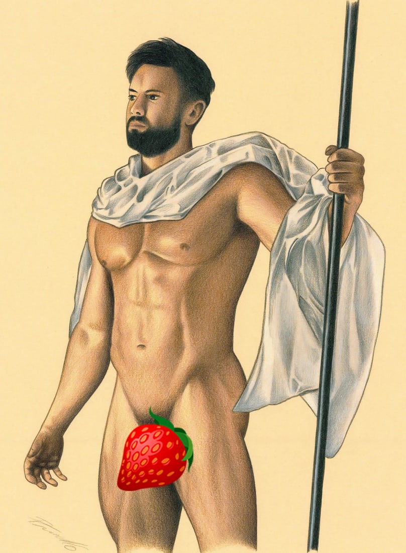 Rene Prudlo (German,b 1974) colored pencil painting: ARTIST: Rene Prudlo (Germany, born 1974) TITLE: Male Nude MEDIUM: colored pencil on heavy paper CONDITION: Very good. ART SIZE: 12 x 8 inches / 30 x 20