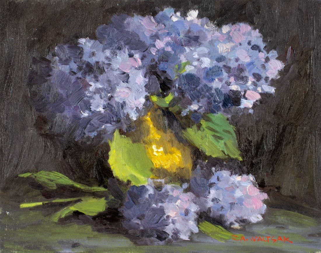 Robert Waltsak (NJ,b 1944) oil painting: ARTIST: Robert Alan Waltsak (New Jersey, born 1944) TITLE: Still Life with Vase of Lilac MEDIUM: oil on canvas CONDITION: Few small paint losses by the left edge. No visible