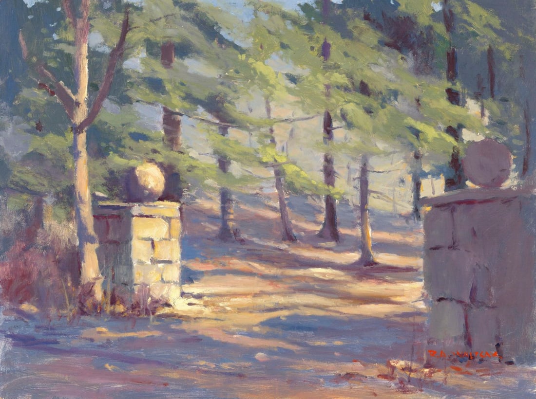 Robert Waltsak (NJ,b 1944) oil painting: ARTIST: Robert Alan Waltsak (New Jersey, born 1944) TITLE: Gate Landscape MEDIUM: oil on board CONDITION: Minor damage to lower left corner. No visible inpaint under UV ligh