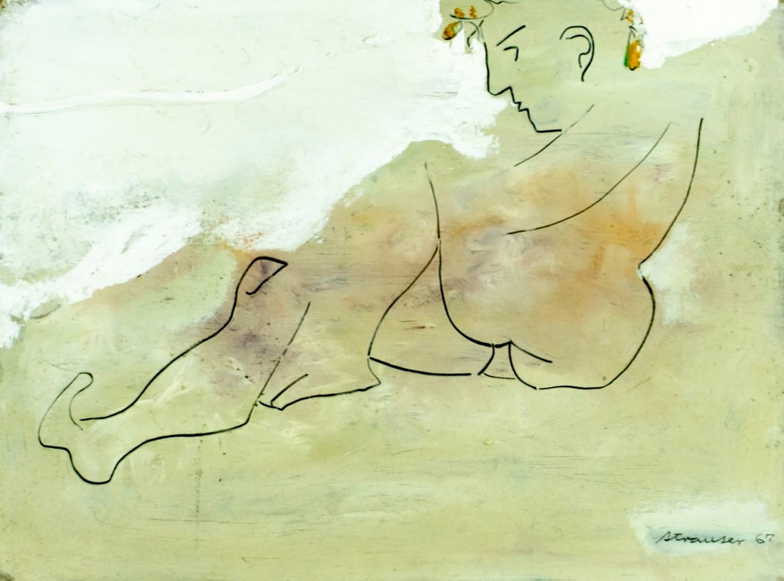 Sterling Strauser (PA,1907-1995) oil painting: ARTIST: Sterling Boyd Strauser (Pennsylvania, 1907 - 1995) TITLE: Male Nude YEAR: 1967 MEDIUM: oil on board CONDITION: Minor damages to corners. No vis