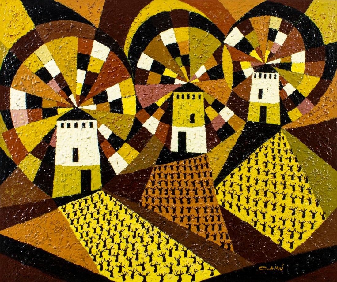 A Camu (Europe,20C) oil painting: ARTIST: A Camu (European, 20 century) TITLE: Farm Landscape with Windmills MEDIUM: oil on canvas CONDITION: Unstretched (In-House stretching available). Few very minor paint