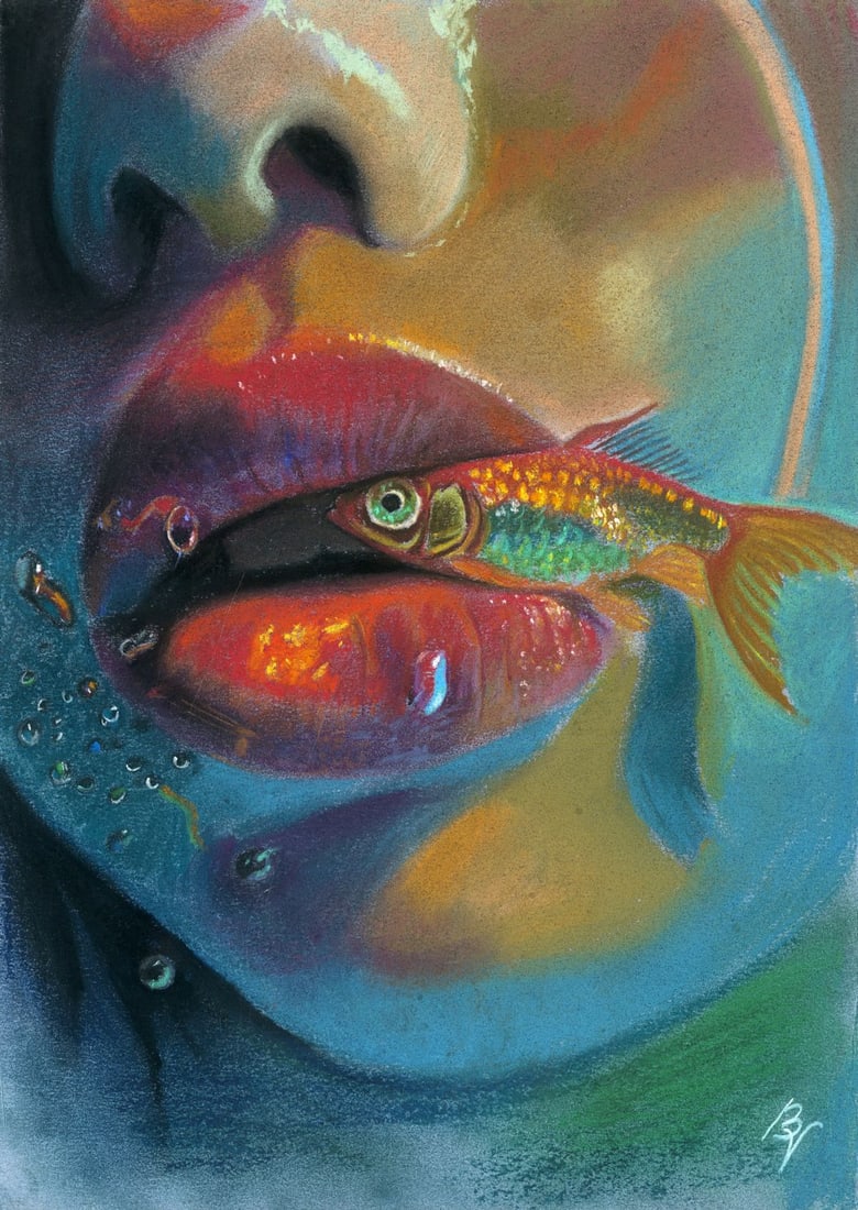 Victoria Borisova (Ukraine,20/21C) pastel painting: ARTIST: Victoria Borisova (Ukrainian, 20/21 centuries) TITLE: Lips and Goldfish MEDIUM: pastel on heavy paper CONDITION: Very good. ART SIZE: 12 x 8 inch