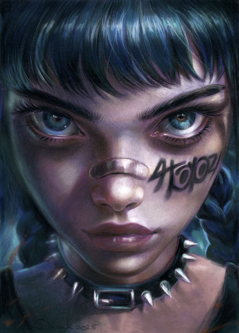 Vira Sokolyk (Ukraine,b 1999) pastel painting: ARTIST: Vira Sokolyk (Ukrainian, born 1999) TITLE: Portrait of Woman MEDIUM: pastel on heavy paper CONDITION: Very good. ART SIZE: 12 x 8 inches / 30 x 2