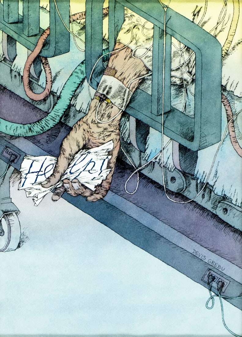 Devis Grebu (Romania,France,Israel,1933-?) watercolor painting: ARTIST: Devis Grebu (Romanian, French, Israeli, 1933 - ???) TITLE: Help MEDIUM: watercolor on paper CONDITION: Minor age toning. Framed under glass. Wear to frame.