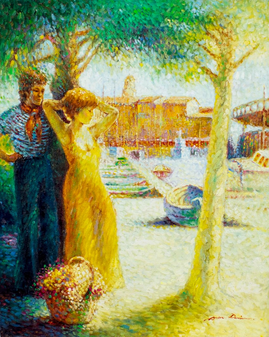 Vintage 20C French oil painting signed: ARTIST: - (France, 20 century) TITLE: Couple Standing by the Tree MEDIUM: oil on canvas CONDITION: Very good. No visible inpaint under UV light. ART SIZE: