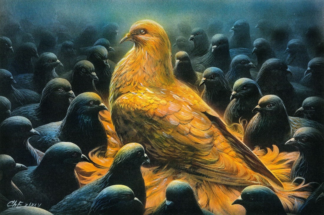 Evgeniy Chunikhin (Ukraine,b 1976) acrylic painting: ARTIST: Evgeniy Chunikhin (Ukrainian, born 1976) TITLE: Golden Dove MEDIUM: acrylic on paper CONDITION: Very good. ART SIZE: 7 x 10 inches / 17 x 25 cm<