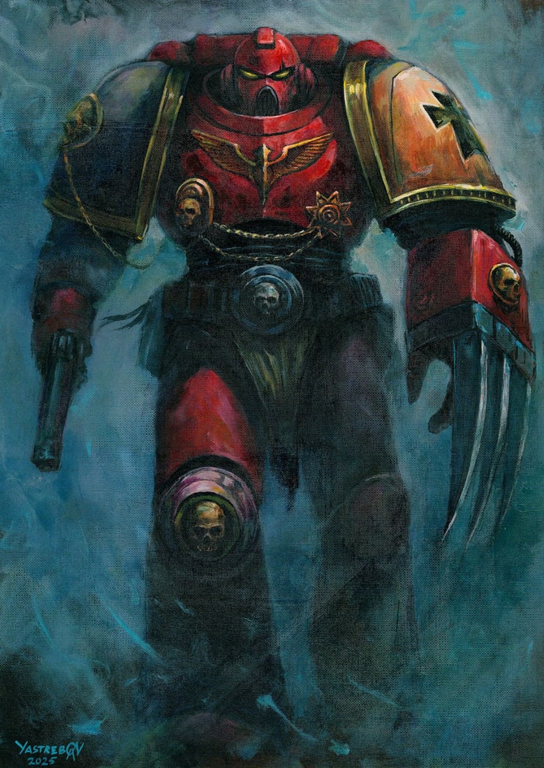 Aleksandr Yastrebov (Ukraine,b 1989) oil painting: ARTIST: Aleksandr Yastrebov (Ukrainian, born 1989) TITLE: Warhammer 40K Space Marine MEDIUM: oil on heavy paper CONDITION: Very good. No visible inpaint under UV light. <