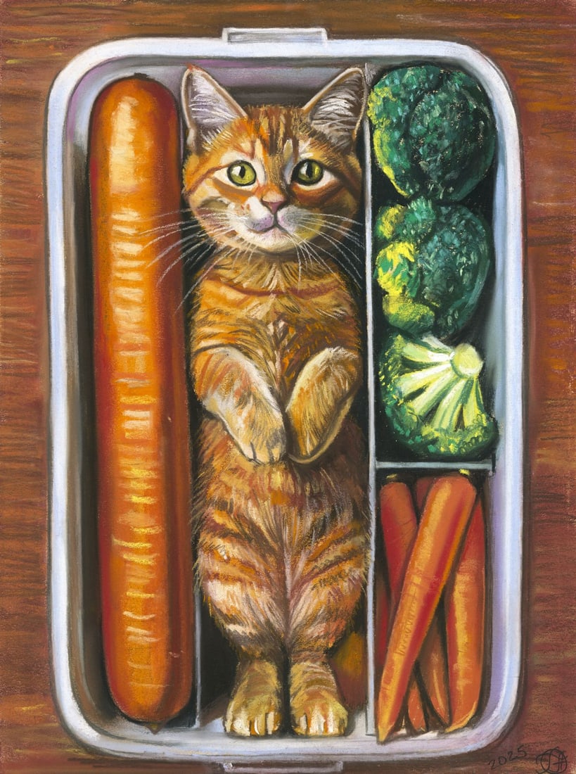Genadiy Achkasov (Ukraine,b 1965) pastel painting: ARTIST: Genadiy Achkasov (Ukrainian, born 1965) TITLE: Cat in Lunch Box MEDIUM: pastel on paper CONDITION: Very good. ART SIZE: 16 x 12 inches / 40 x 30