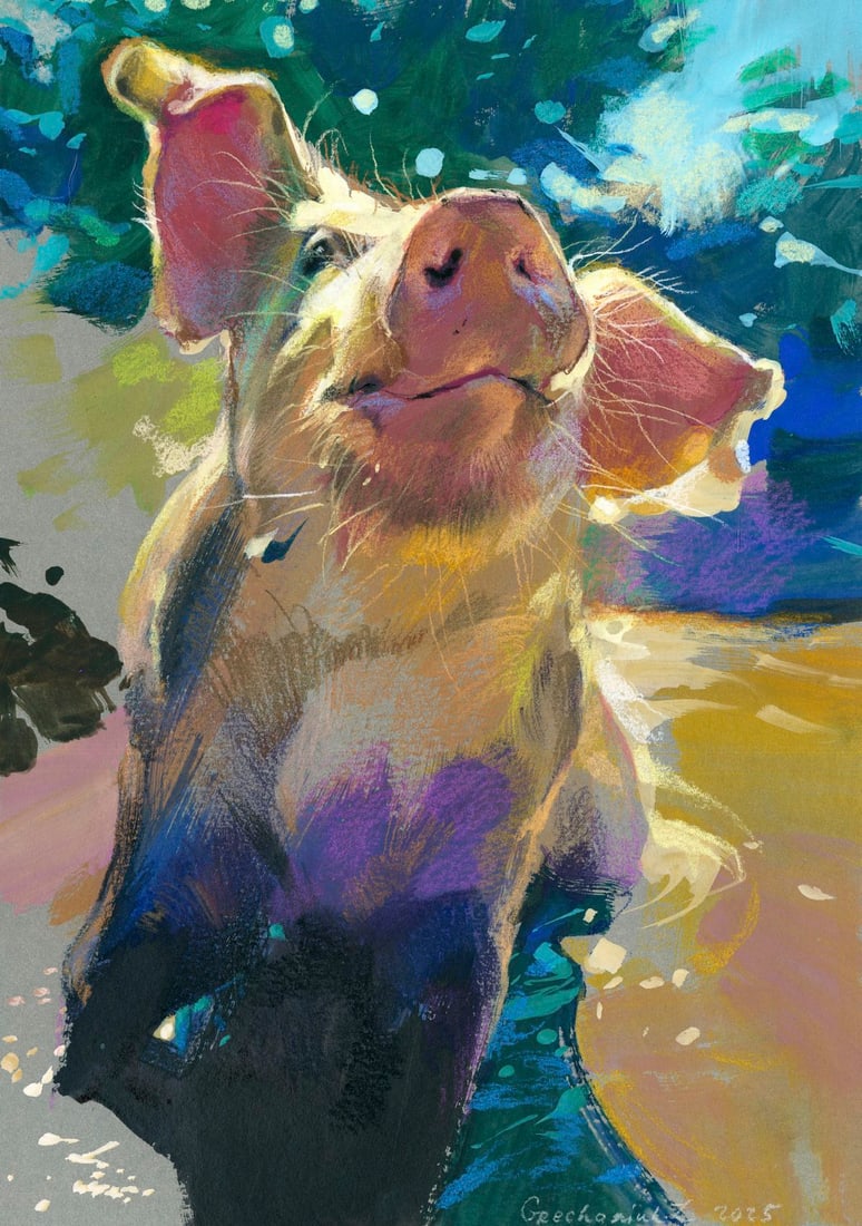 Zoya Grechanyuk (Ukraine,b 1977) mixed media painting: ARTIST: Zoya Grechanyuk (Ukrainian, born 1977) TITLE: Pig MEDIUM: mixed media on heavy paper CONDITION: Very good. ART SIZE: 12 x 8 inches / 30 x 20 cm