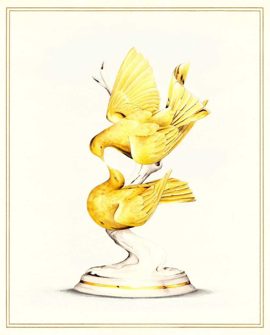 George McMonigle (PA,Hawaii,b 1951) watercolor painting: ARTIST: George McMonigle (Pennsylvania, Hawaiian, born 1951) TITLE: Gold Covered Sculpture - Pigeons YEAR: 1985 MEDIUM: watercolor on board CONDITION: Fe