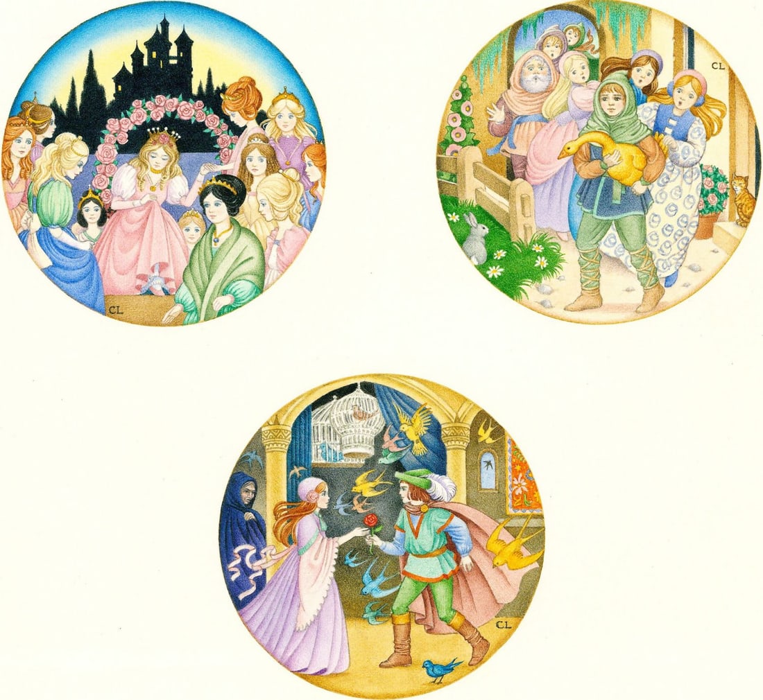 Carol Lawson (UK,20/21C) watercolor painting: ARTIST: Carol Lawson (United Kingdom, 20/21 centuries) TITLE: Dancing Princess, The Golden Goose, Jorinda and Jorindel (titled on verso) YEAR: 1980s MEDIUM: watercolor on pa