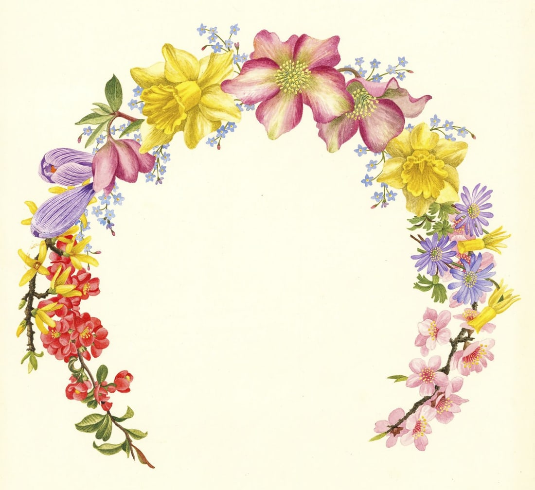 Leslie Greenwood (UK,1907-1987) watercolor painting: ARTIST: Leslie William Avery Greenwood (United Kingdom, 1907 - 1987) TITLE: March Plate (titled on verso) YEAR: 1980s MEDIUM: watercolor on heavy paper CONDITIO