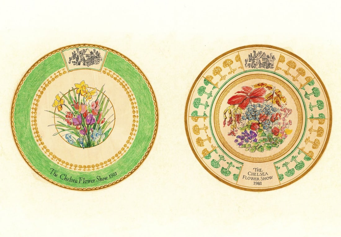 Vintage 20C British mixed media painting: ARTIST: - (United Kingdom, 20 century) TITLE: The Chelsea Flower Show Design Plates YEAR: 1981 MEDIUM: mixed media on paper CONDITION: Few pinholes by
