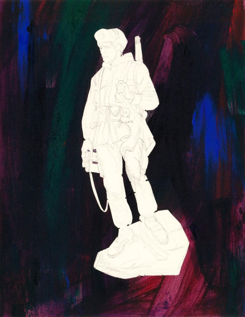 ATTR DePersico (PA,20C) acrylic painting: ARTIST: ATTRIBUTED TO DePersico (Pennsylvania, 20 century) TITLE: Soldier - Fighting Men of Australia (titled on verso) YEAR: 1980s MEDIUM: acrylic on board CONDI