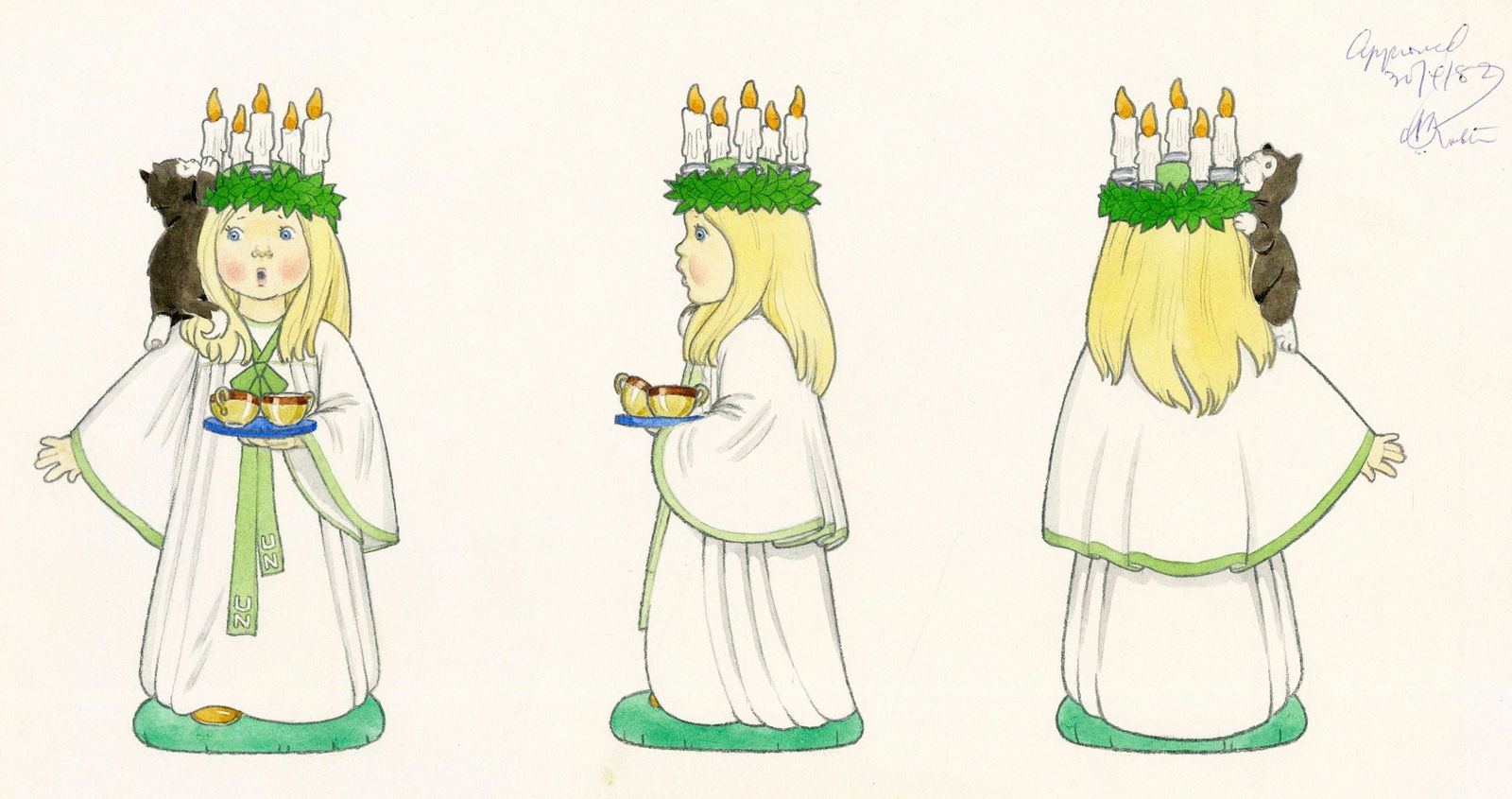 Carol Lawson (UK,20/21C) gouache painting: ARTIST: Carol Lawson (United Kingdom, 20/21 centuries) TITLE: UN Children - Sweden YEAR: 1983 MEDIUM: gouache on board CONDITION: Minor age toning.