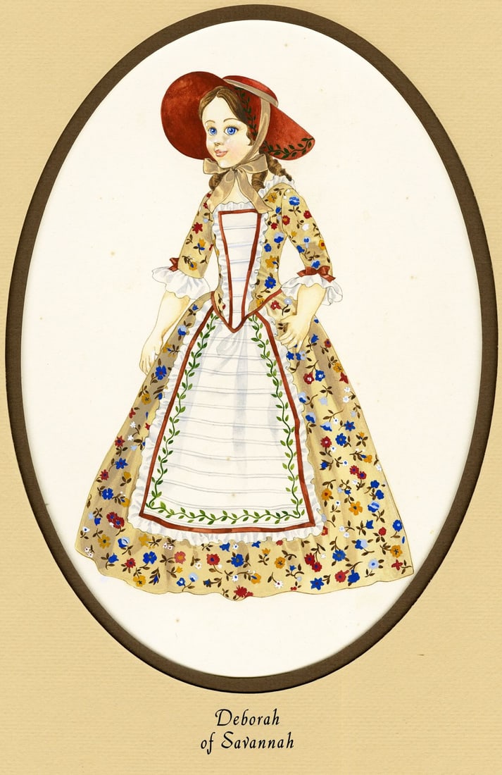 Vintage 20C American gouache painting: ARTIST: - (American, 20 century) TITLE: Doll - Deborah of Savannah, GA YEAR: 1980s MEDIUM: gouache on heavy paper CONDITION: Some foxing. Minor damages