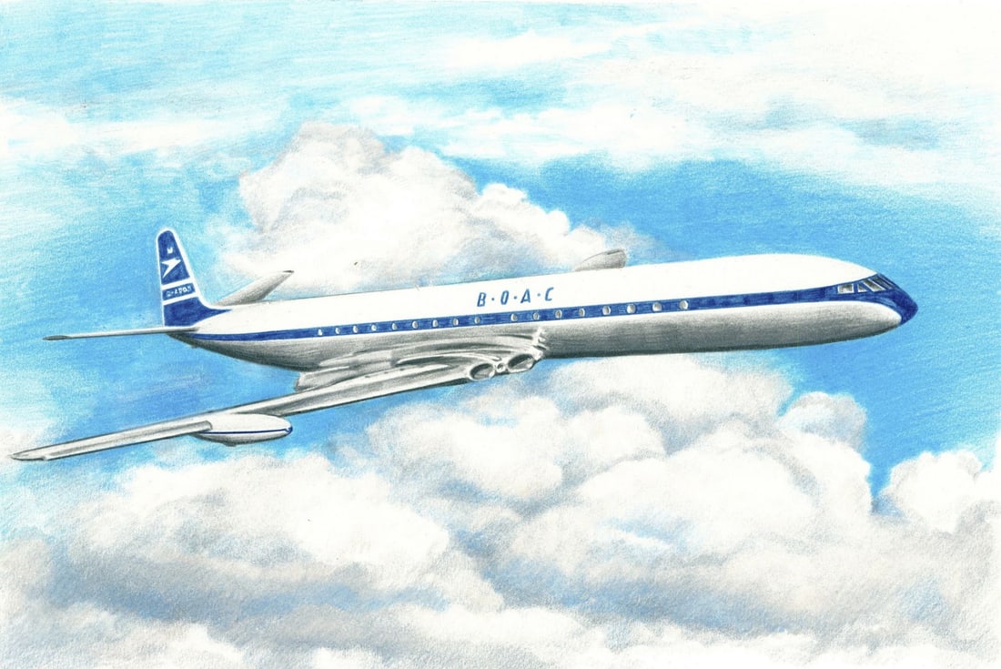 Paul Calle (CT,NY,1928-2010) colored pencil painting: ARTIST: Paul Calle (Connecticut, New York, 1928 - 2010) & Chris Calle (Connecticut, born 1961) TITLE: 1950s - Plane - Jets Shrink Time and Distance (titled on verso) YEAR: 1999 MED