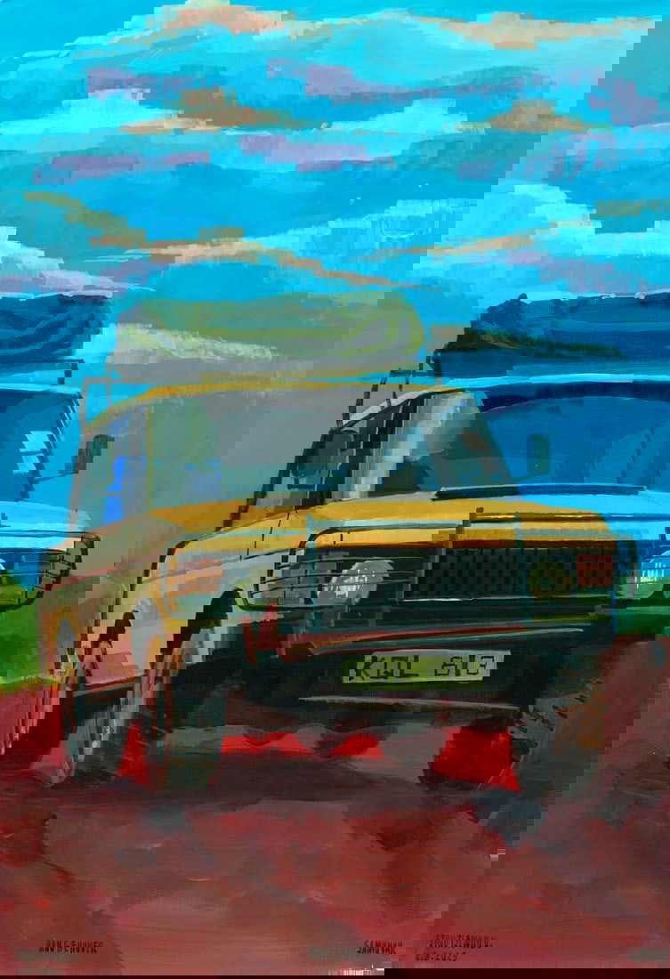 Volodymyr Strutsenko (Ukraine,20/21C) acrylic painting: ARTIST: Volodymyr Strutsenko (Ukrainian, 20/21 centuries) TITLE: Land Rover Defender Car MEDIUM: acrylic on heavy paper CONDITION: Very good. ART SIZE: 1