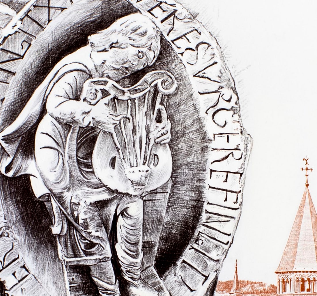 Pierre Albuisson (France,20/21C) pastel painting: ARTIST: Pierre Albuisson (French, 20/21 centuries) TITLE: Cluny (titled on verso) YEAR: 1990 MEDIUM: pastel on heavy paper CONDITION: Very good.